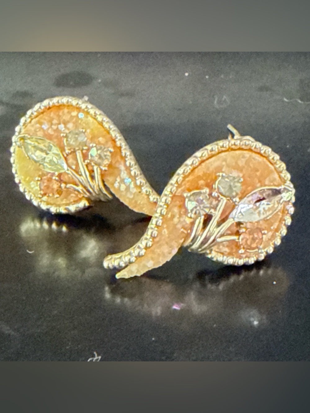 Coro Vintage Gold-Tone Floral Paisley Clip-On Earrings, Peach Drusy Background